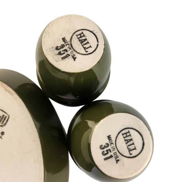 Vintage Hall Pottery Cups & Oval Dish Set Olive Green White USA Made - Picture 10 of 13